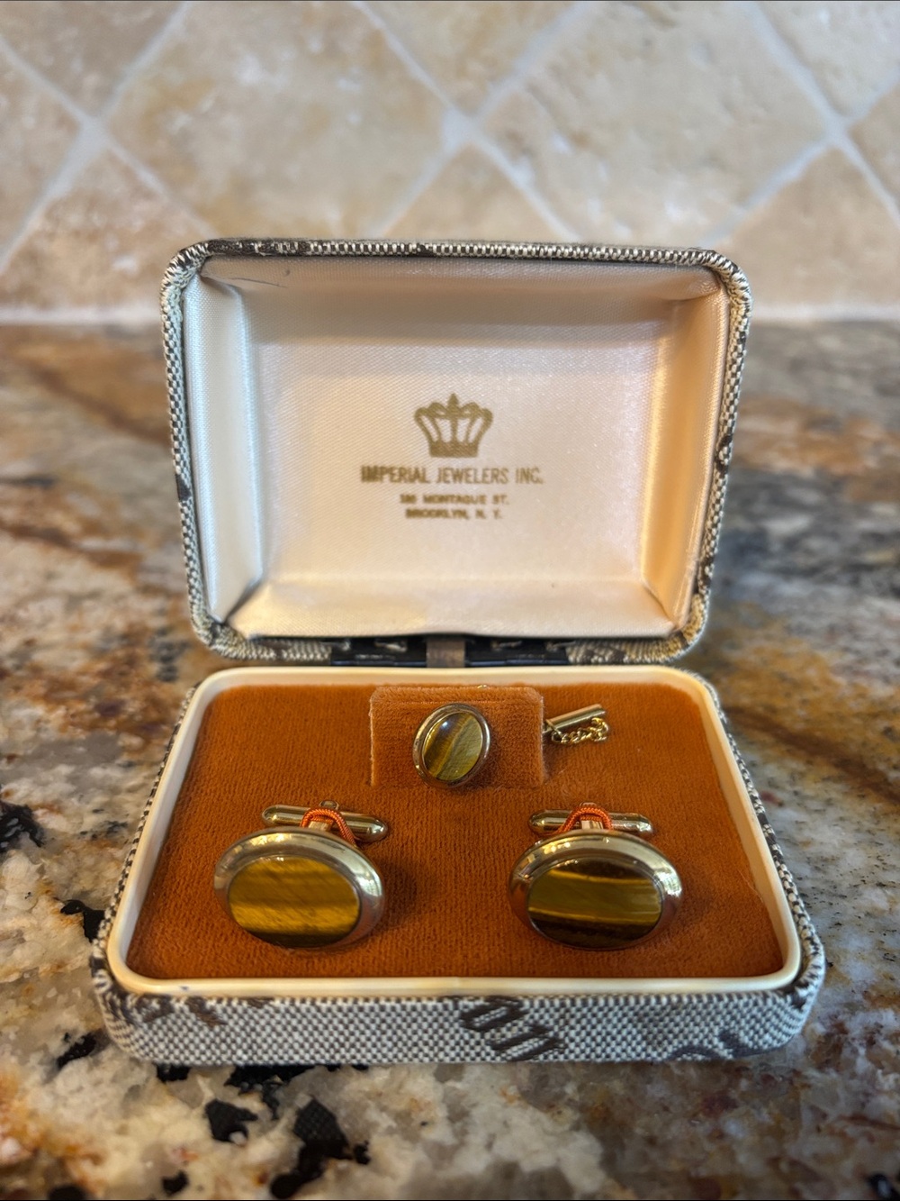 Vintage Imperial Jewelers Men's Tiger Eye Cufflinks and Tie Tack Set